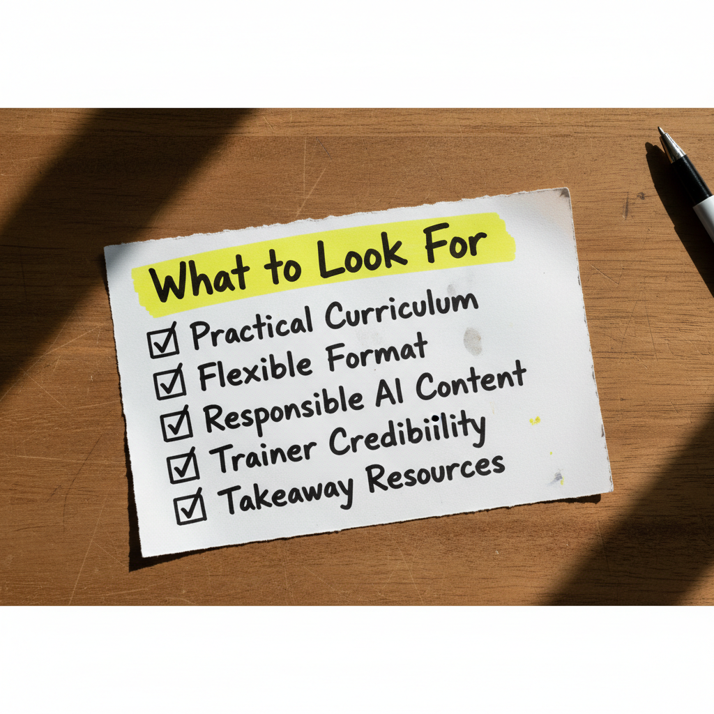 Hand-drawn paper checklist showing five criteria for choosing AI classes: practical curriculum, flexible format, responsible AI content, trainer credibility and takeaway resources