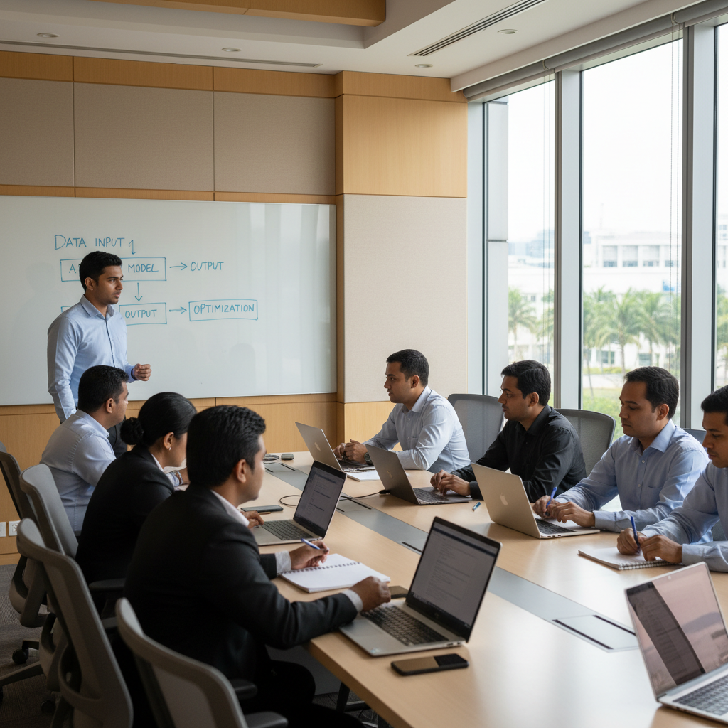 Professionals in a Malaysian corporate training room attending a hands-on AI class with laptops, notebooks and a whiteboard