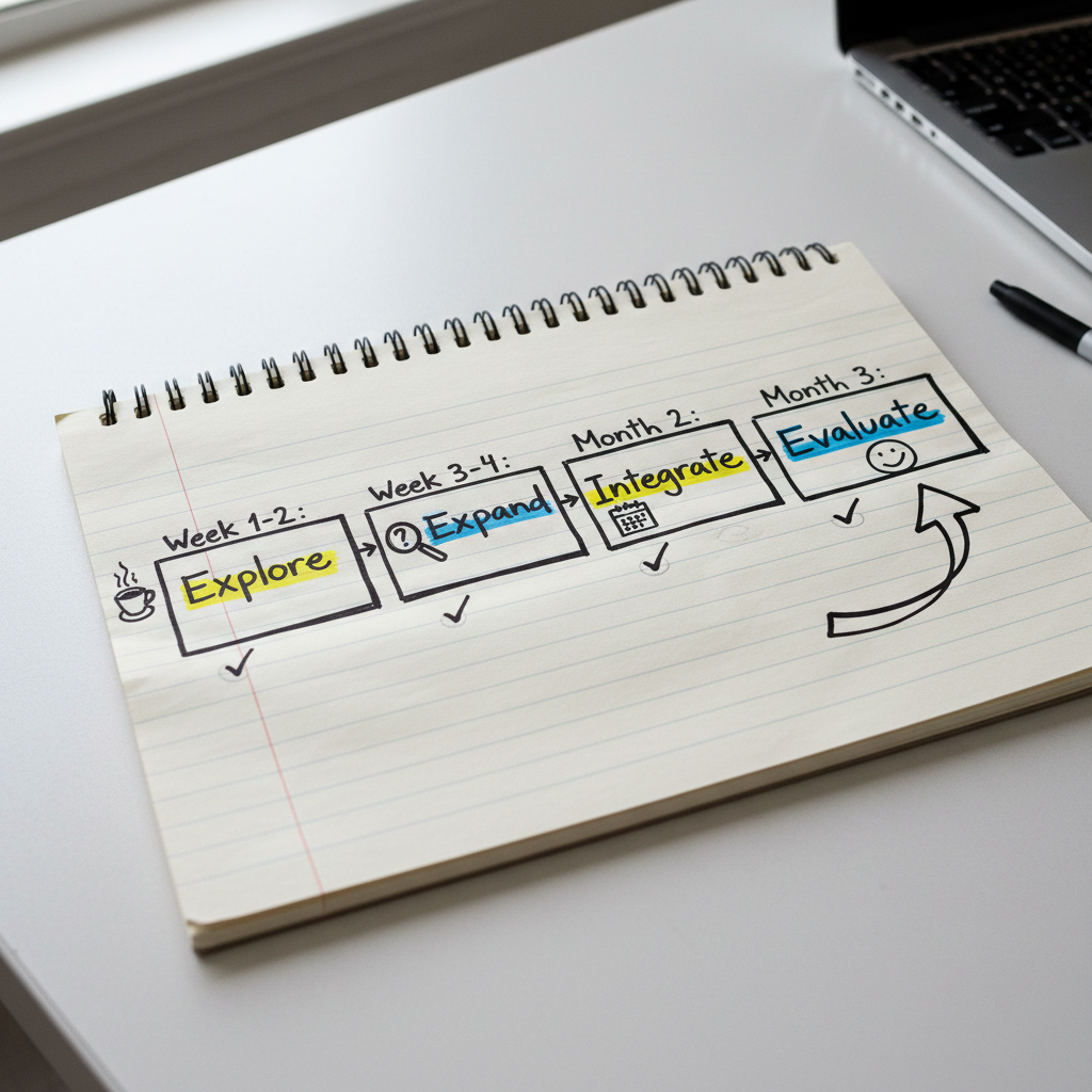 Hand-drawn paper infographic showing a 4-week AI adoption plan for small businesses with Explore, Expand, Integrate and Evaluate steps.