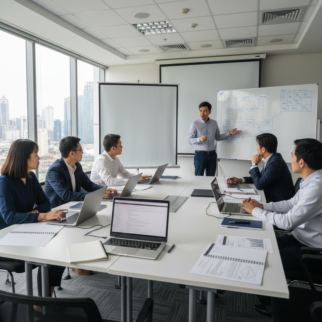 Malaysian professionals in a hands-on AI training room with facilitator, laptops and projector screen