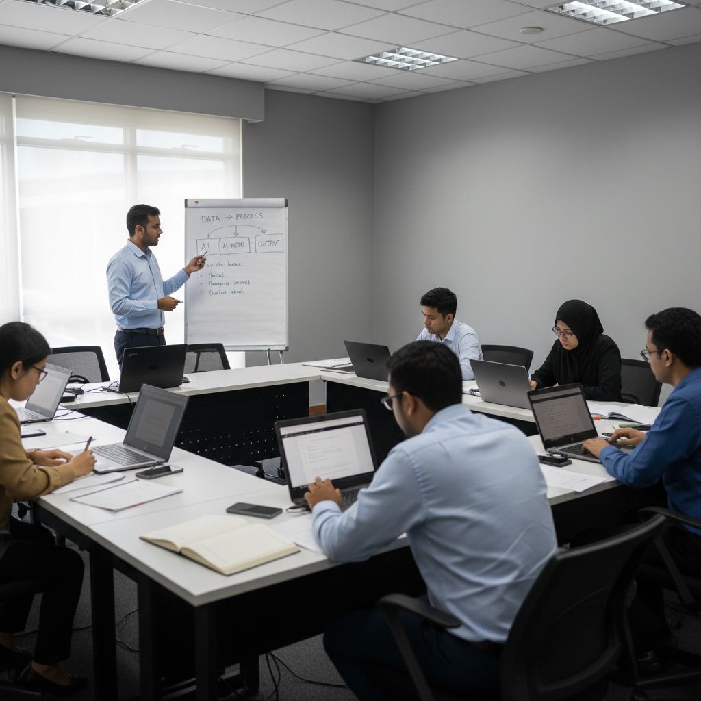 Facilitator leading a role-based AI training workshop with Malaysian professionals at laptops