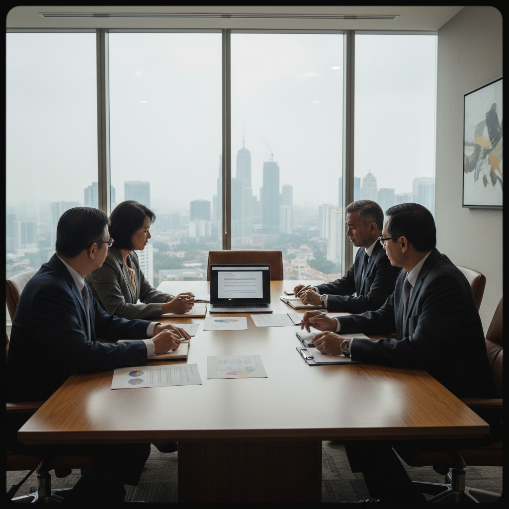 Senior Malaysian executives reviewing an AI adoption roadmap around a boardroom table in Kuala Lumpur