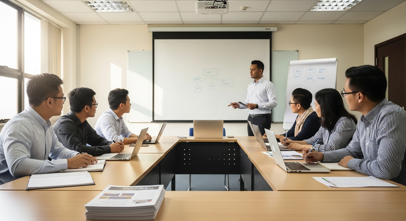 Diverse Malaysian professionals in a corporate AI training session with laptops and notebooks