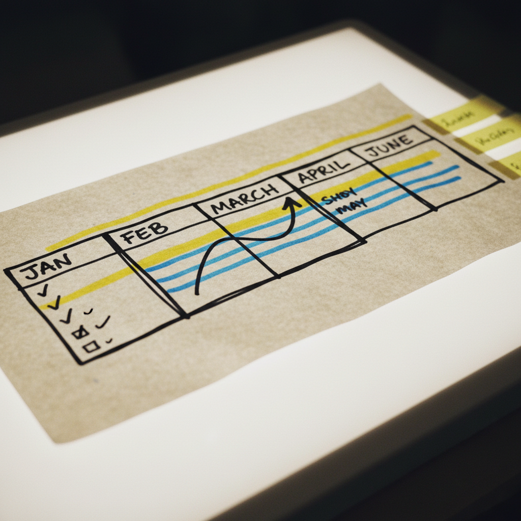 Hand-drawn six-month timeline sketch for building an AI Center of Excellence in a professional services firm
