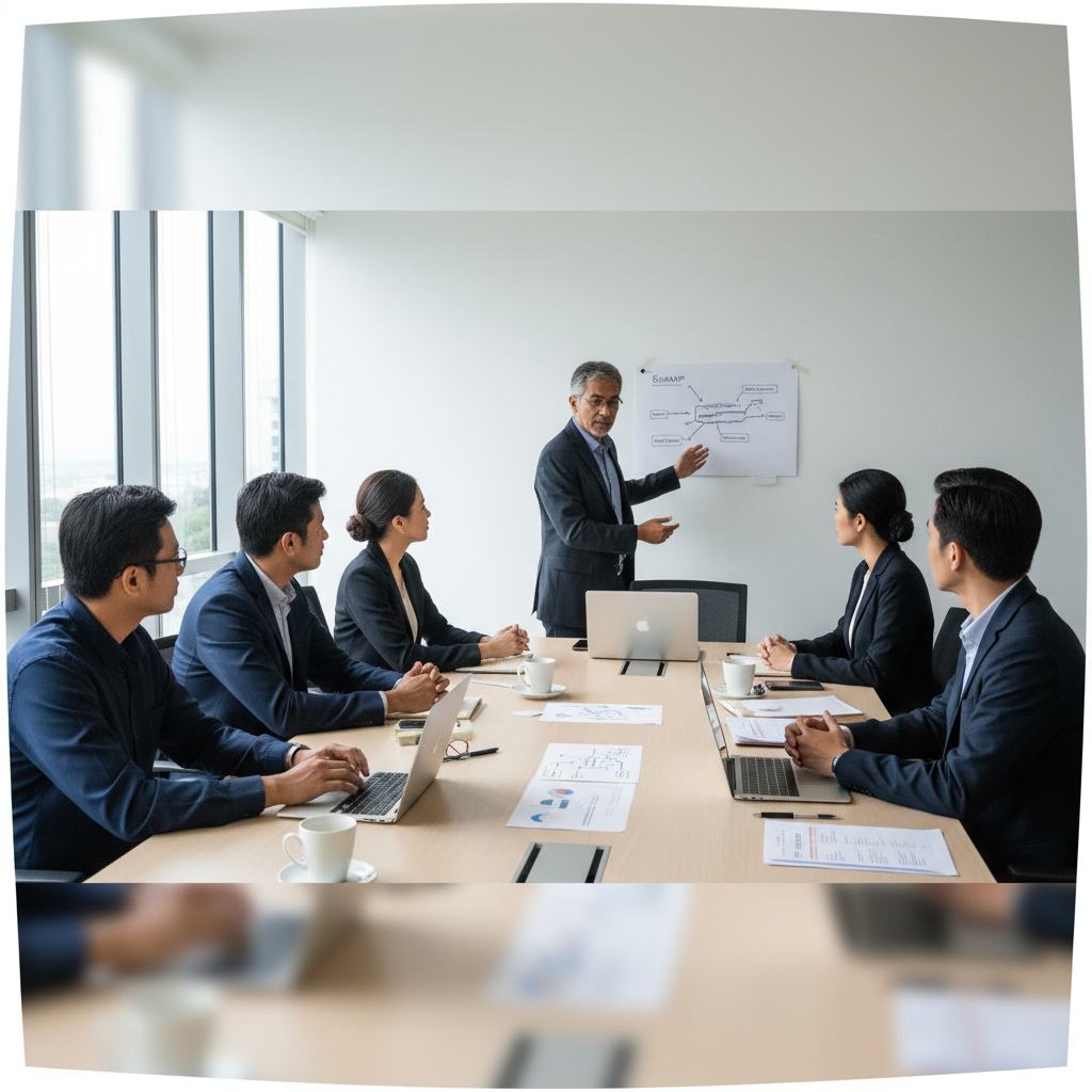 Consulting professionals reviewing an AI adoption roadmap together in a Malaysian boardroom meeting