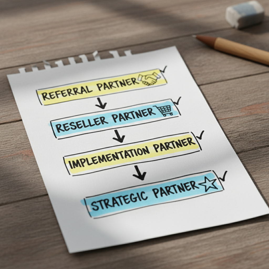 Hand-drawn infographic illustrating four ChatGPT partner models: Referral, Reseller, Implementation and Strategic partners with icons and arrows.