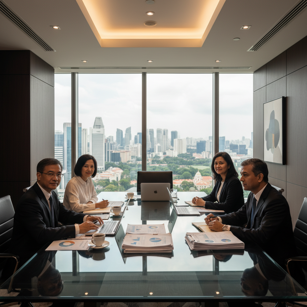 Senior Asian professionals in a Singapore boardroom reviewing strategy documents and laptops during an executive AI adoption discussion.