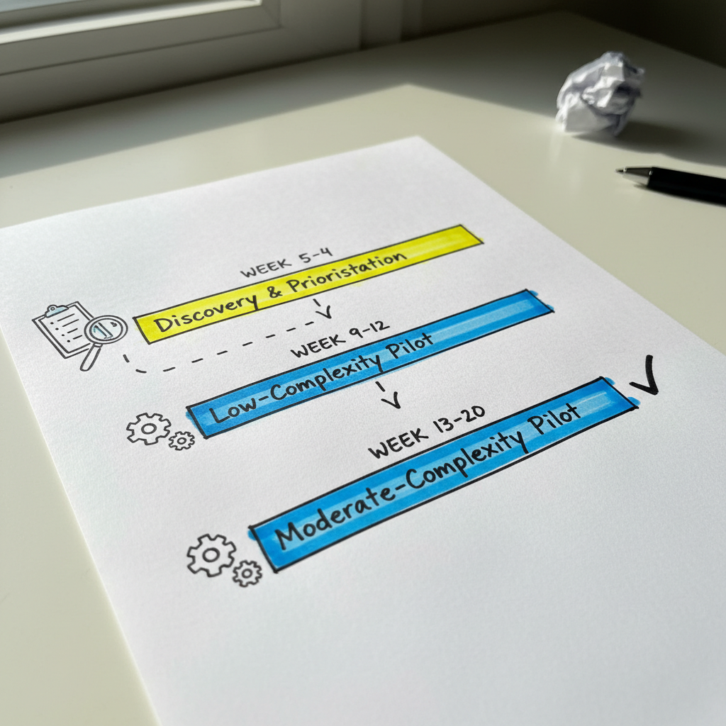 Hand-drawn timeline chart showing typical discovery and pilot durations for an AI consulting engagement
