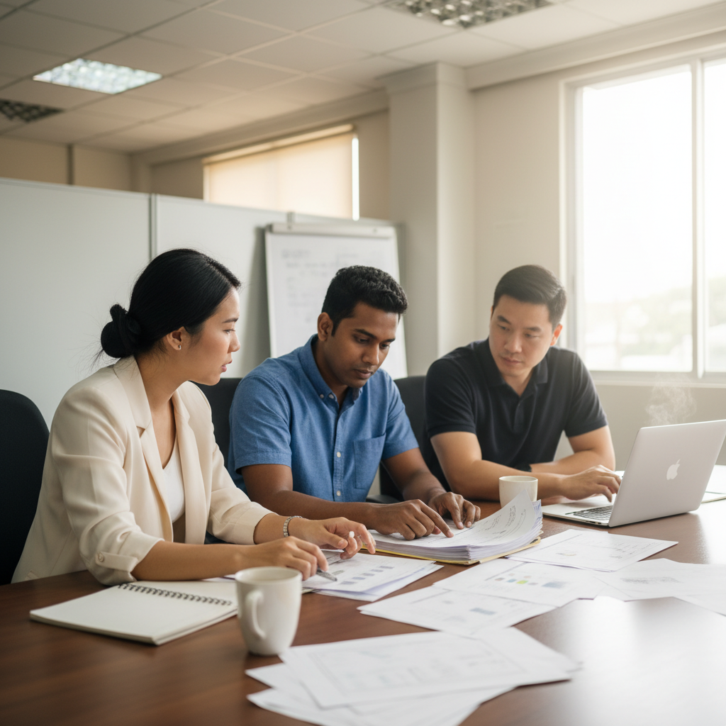 Operations team reviewing AI consulting proposals around a meeting room table in Malaysia