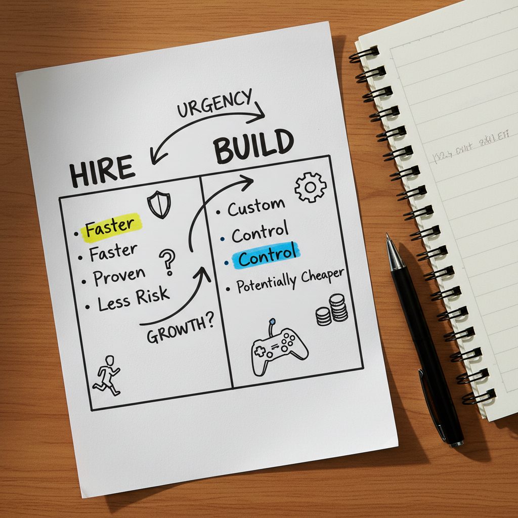Hand-drawn paper cheat sheet comparing when to hire an external AI consultant versus building an in-house team