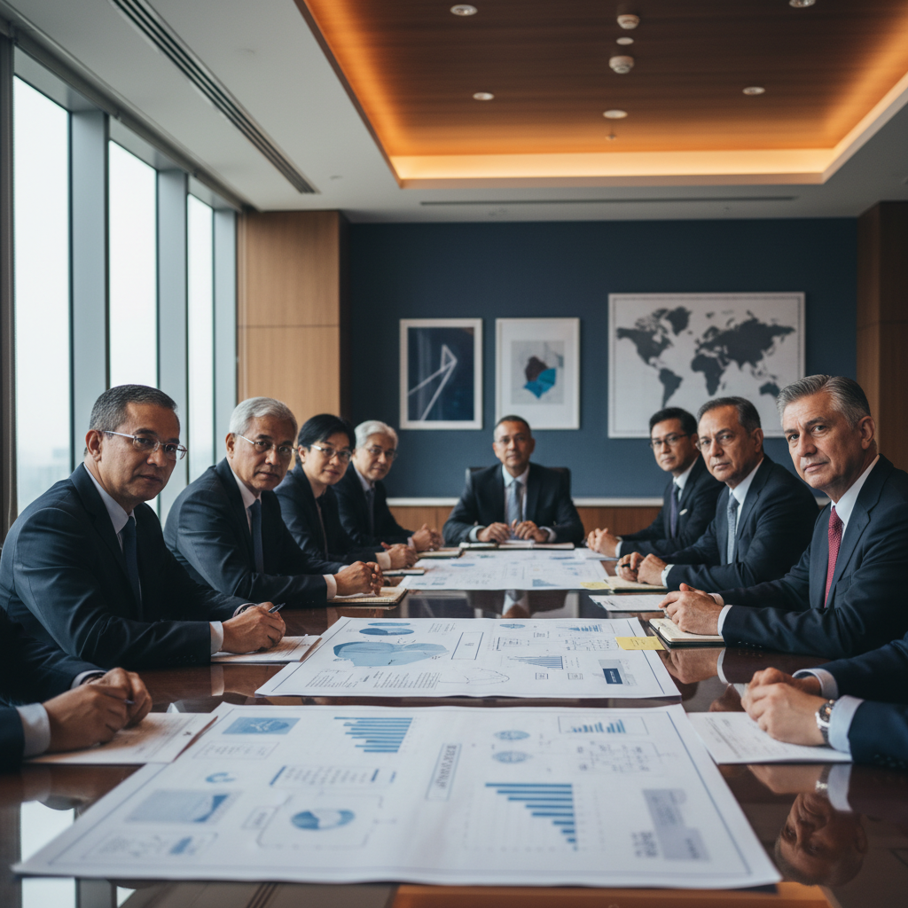 Senior professionals in a Malaysian boardroom reviewing an AI adoption roadmap during a strategy discussion
