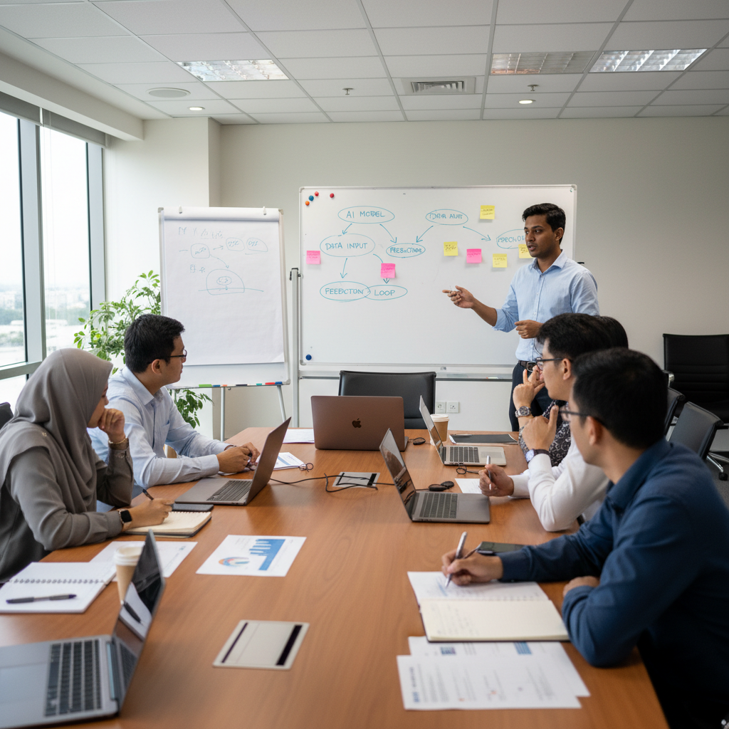 Corporate AI training session in Malaysia with a facilitator and professionals at laptops reviewing a whiteboard