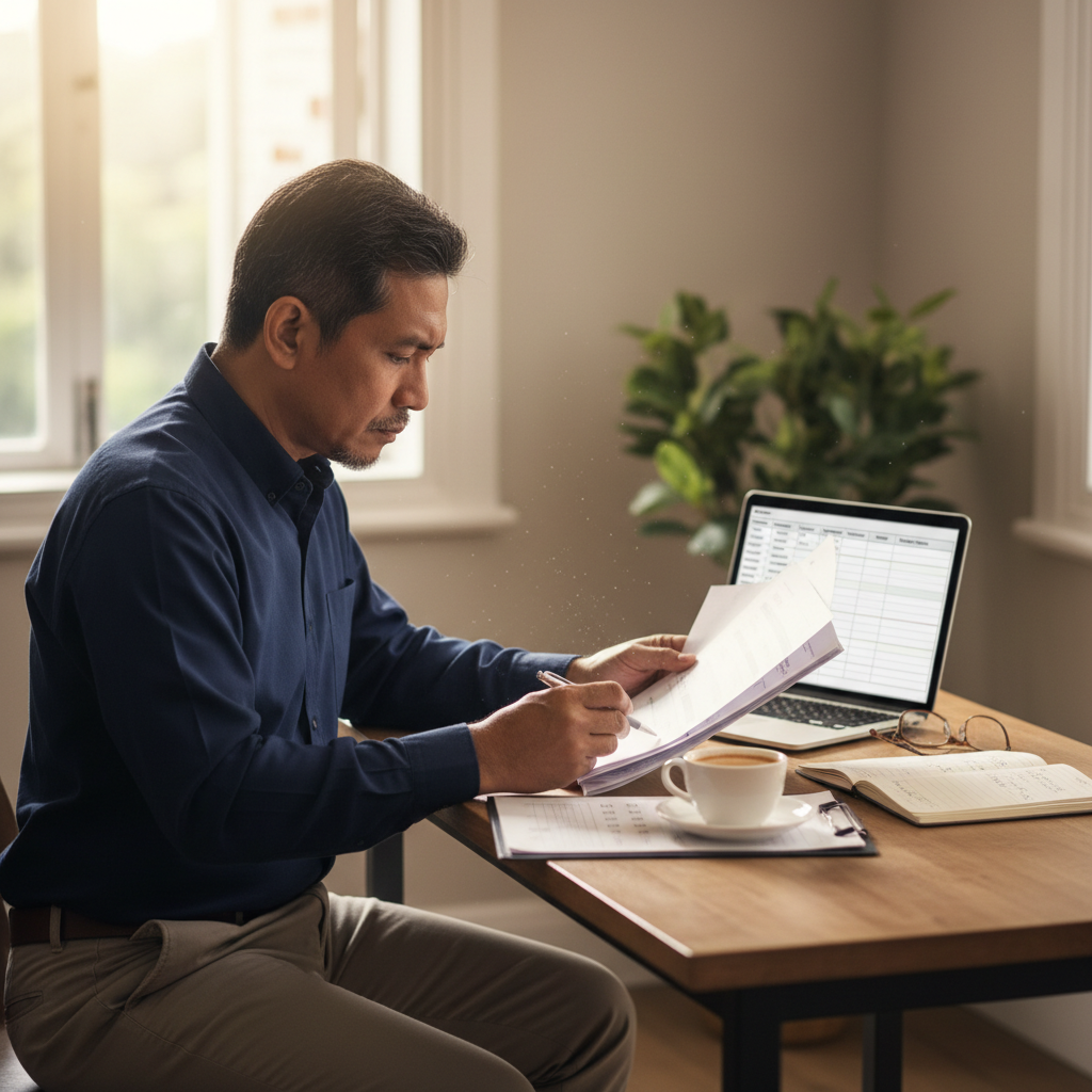 Malaysian professional comparing AI certification options with printed pages and a checklist on a desk