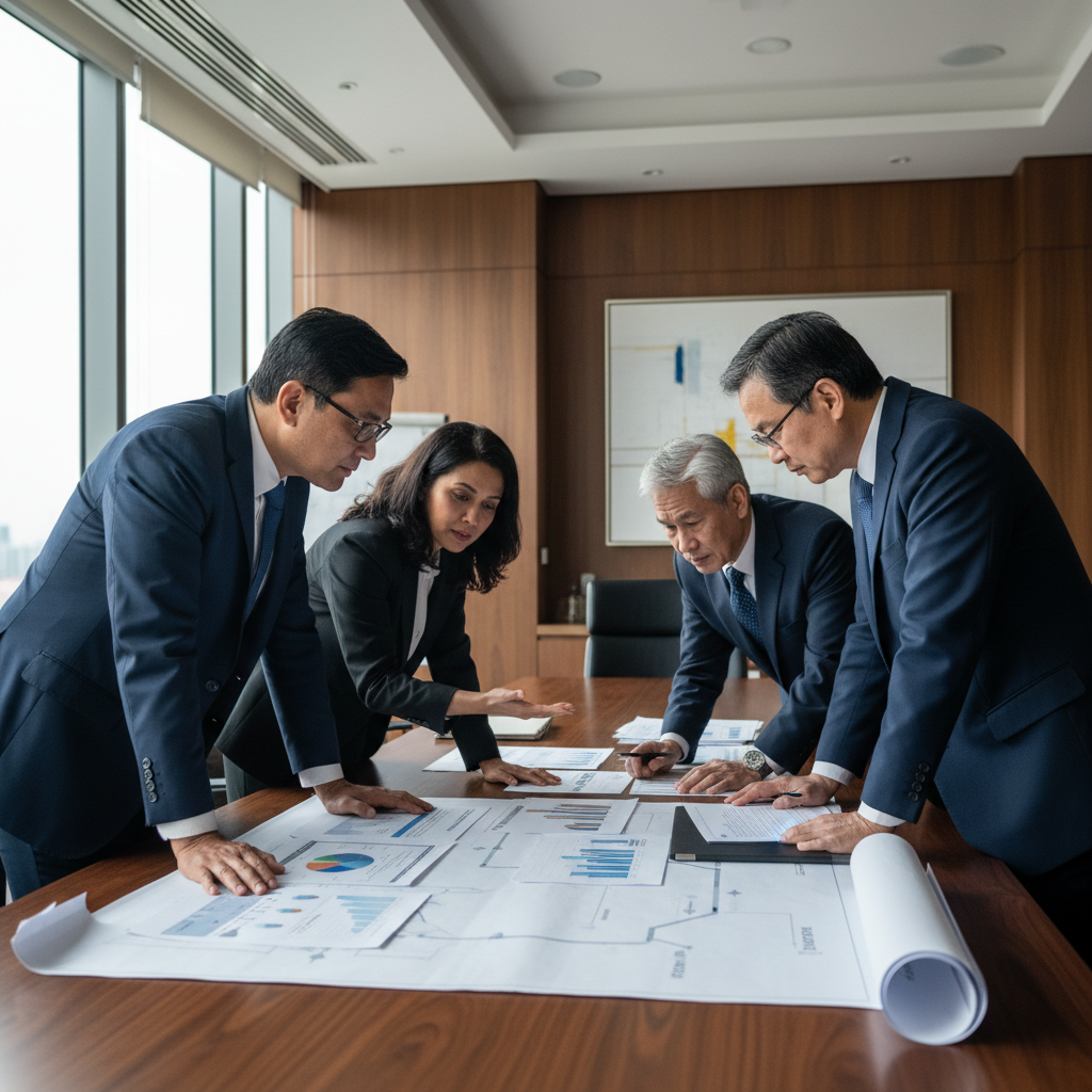 Senior Malaysian executives in a boardroom reviewing a structured AI adoption roadmap during an advisory session
