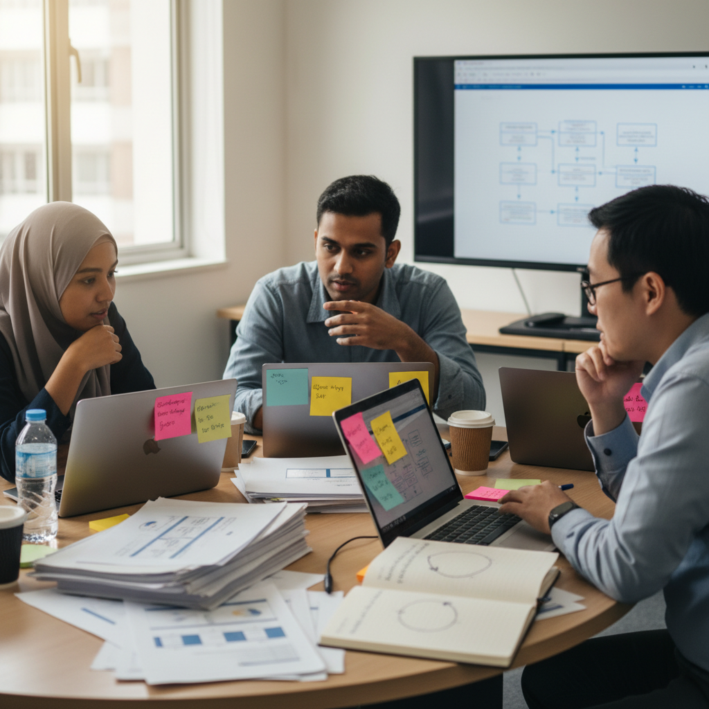 Malaysian professionals in a working session mapping AI workflows with sticky notes and process maps