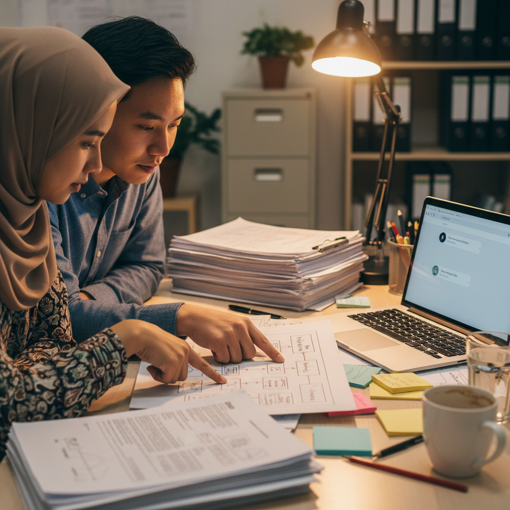Two professionals reviewing SOP documents and a chatbot interface on a laptop during a custom AI solution design session.