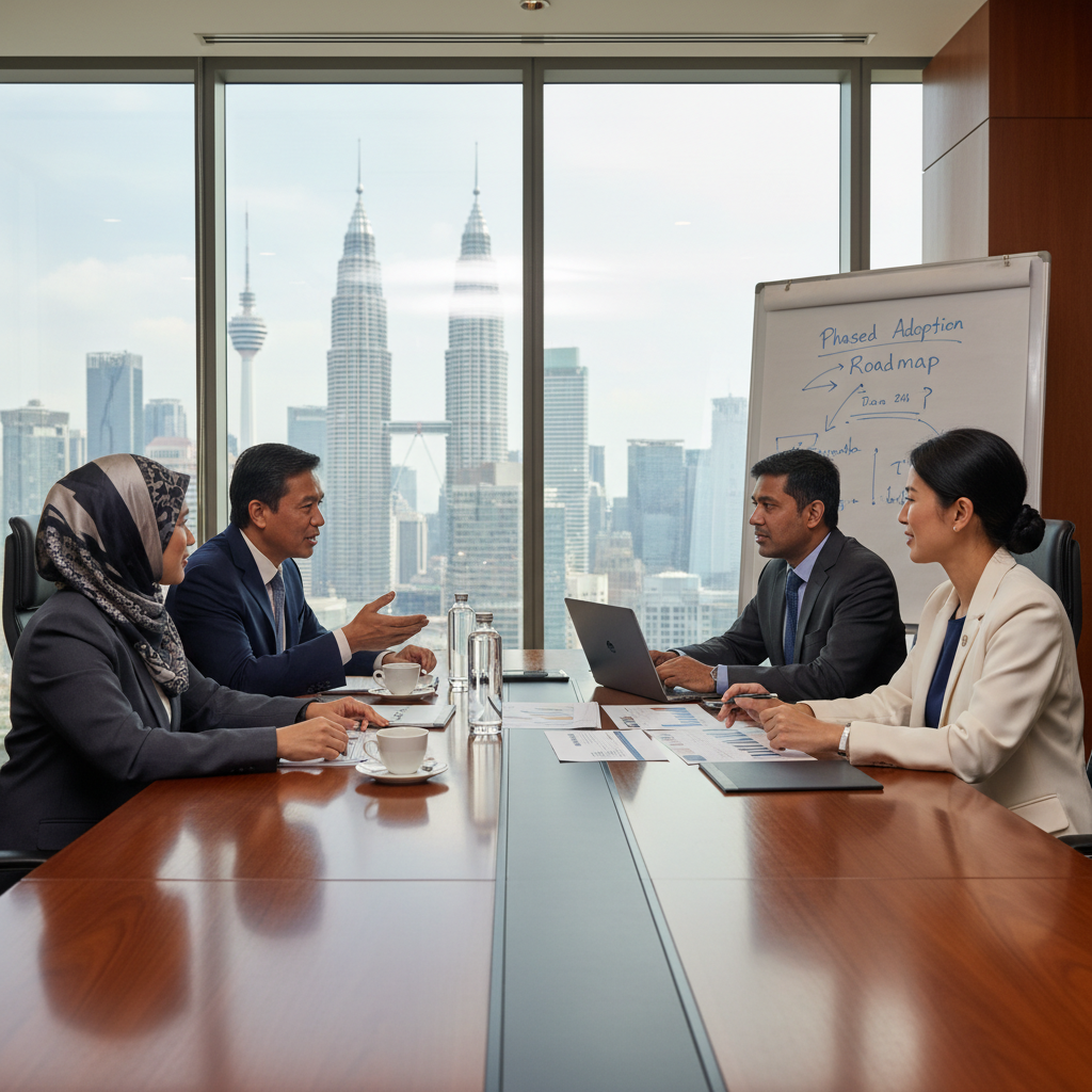 Senior professionals in a Malaysian boardroom with city skyline view, reviewing AI adoption strategy documents and roadmap on whiteboard.