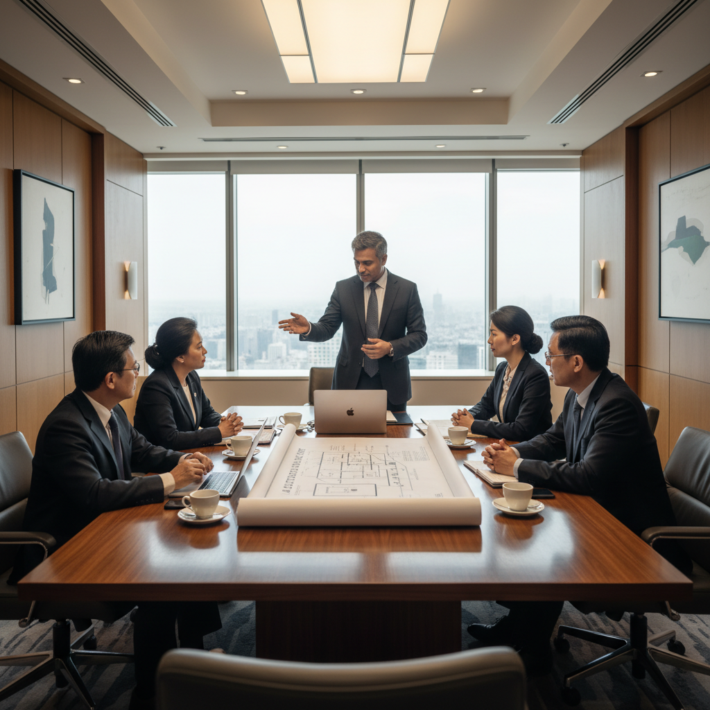 Malaysian senior executives in a boardroom reviewing an AI adoption strategy roadmap during an AI business consulting session