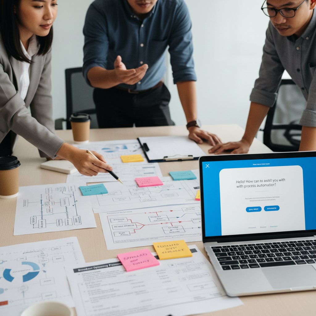 Team mapping an AI workflow with process maps and SOP documents at a project table