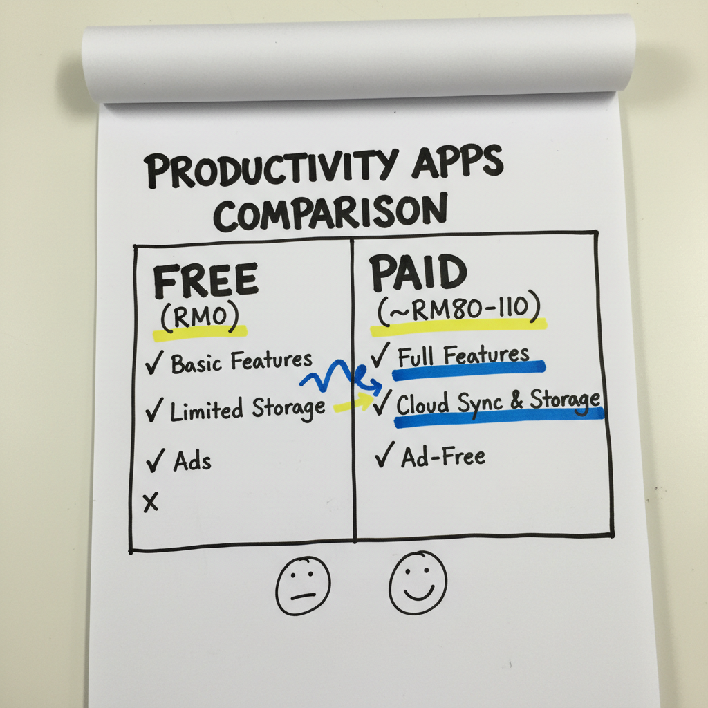 Hand-drawn paper comparison of ChatGPT free and paid pricing in Malaysia