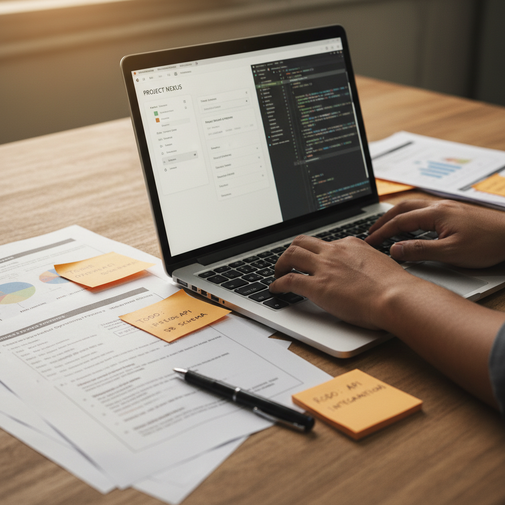 Professional working on an AI project portfolio on a laptop with printed notes and SOP documents on a project table