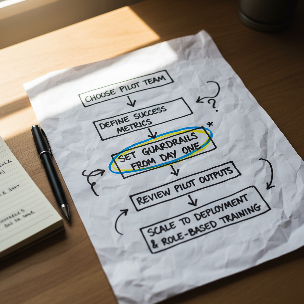 Hand-drawn process flow showing a safe ChatGPT enterprise pilot journey from team selection to scaling