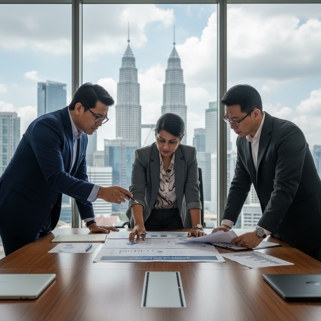 Malaysian executives reviewing an AI adoption roadmap in a modern Kuala Lumpur boardroom