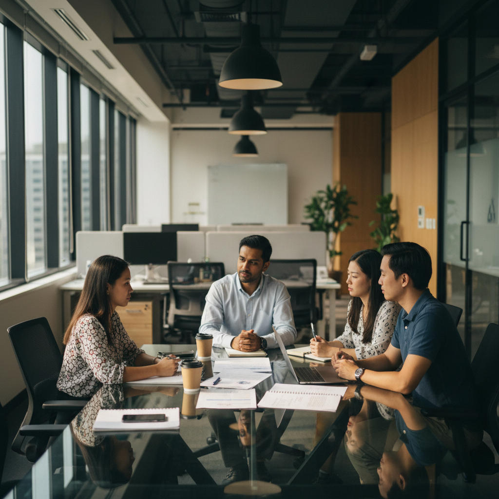 Diverse Southeast Asian professionals in a Singapore office discussing ChatGPT workflow use cases over laptops and documents