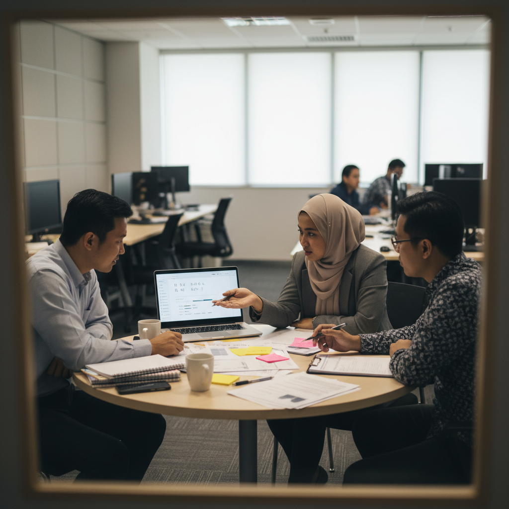 Operations team in Kuala Lumpur reviewing an internal SOP knowledge copilot on a laptop with printed policy pages