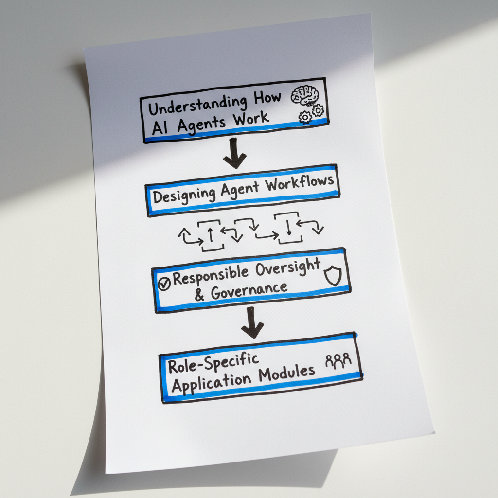 Hand-drawn paper infographic showing four layers of a comprehensive AI agent training curriculum from understanding agents to role-specific modules.