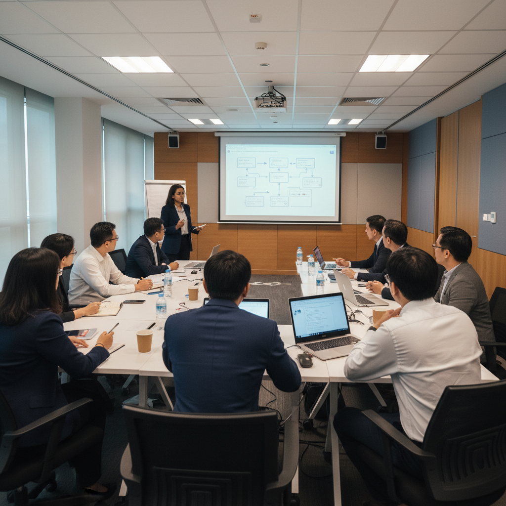 Corporate AI agent training session in Malaysia with trainer and multi-ethnic professionals gathered around laptops and notebooks in a modern office training room.
