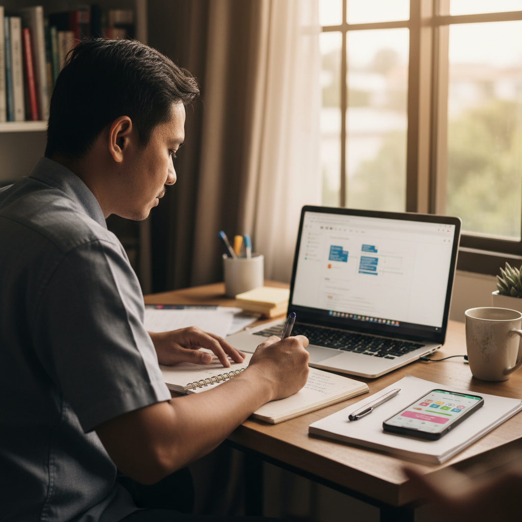 Malaysian professional studying a free online AI course on a laptop while taking notes at a home desk