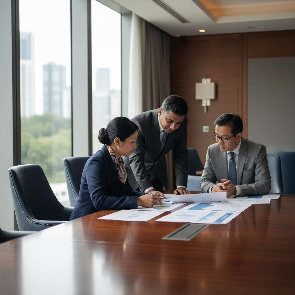 Senior Southeast Asian executives in a premium boardroom reviewing an AI adoption roadmap strategy document
