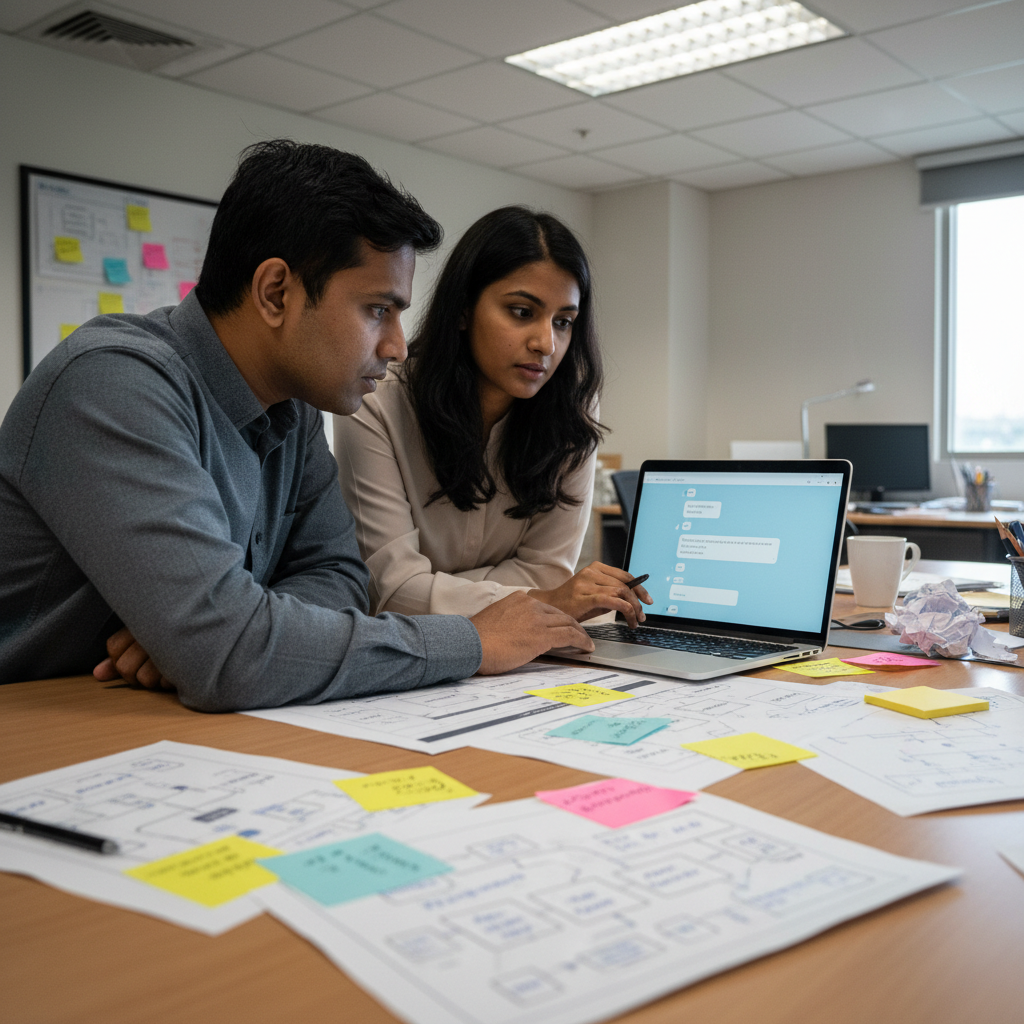 Two Southeast Asian professionals in an implementation session reviewing a chatbot interface and SOP workflow documents