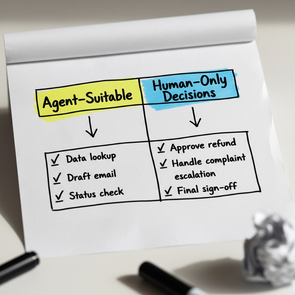 Hand-drawn comparison infographic showing agent-suitable tasks versus human-only decisions with highlighted columns