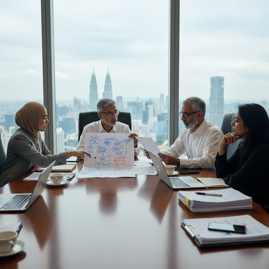 Senior professionals reviewing workflow diagrams and strategy papers in a modern meeting room, representing responsible agentic AI training planning