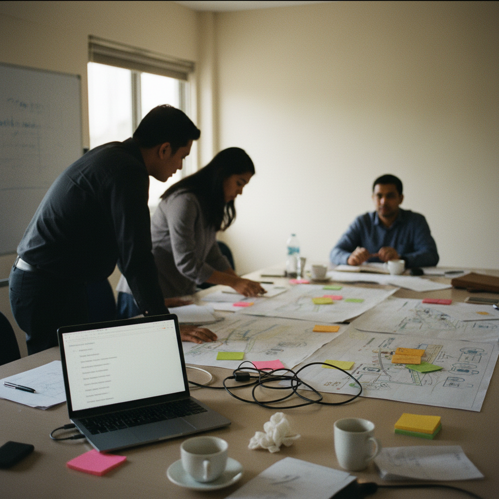 Malaysian SME leaders reviewing printed workflow maps in a meeting room during an AI consultant scoping session
