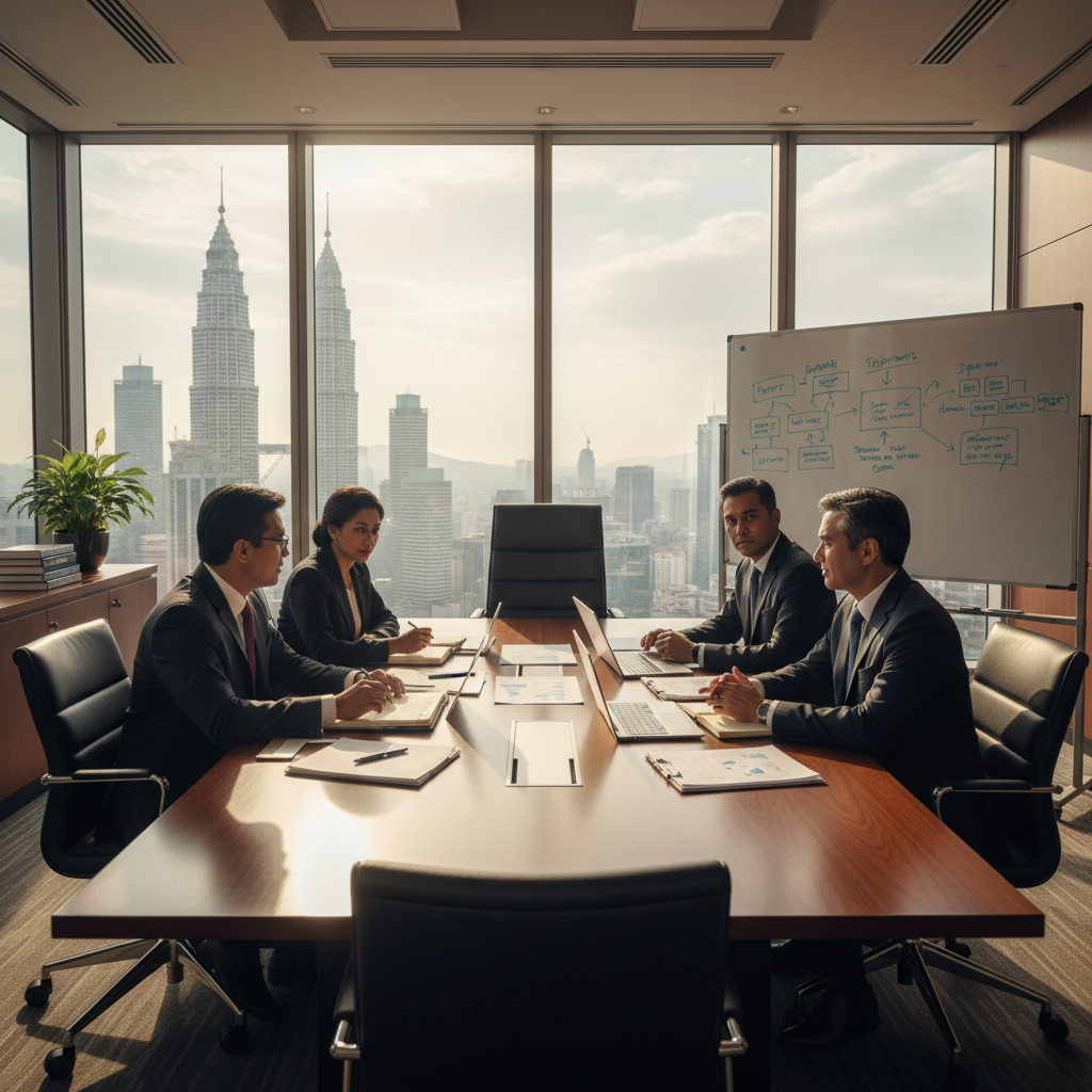 Four senior Malaysian professionals in a premium boardroom discussing AI strategy around a dark wood table with papers and a whiteboard.