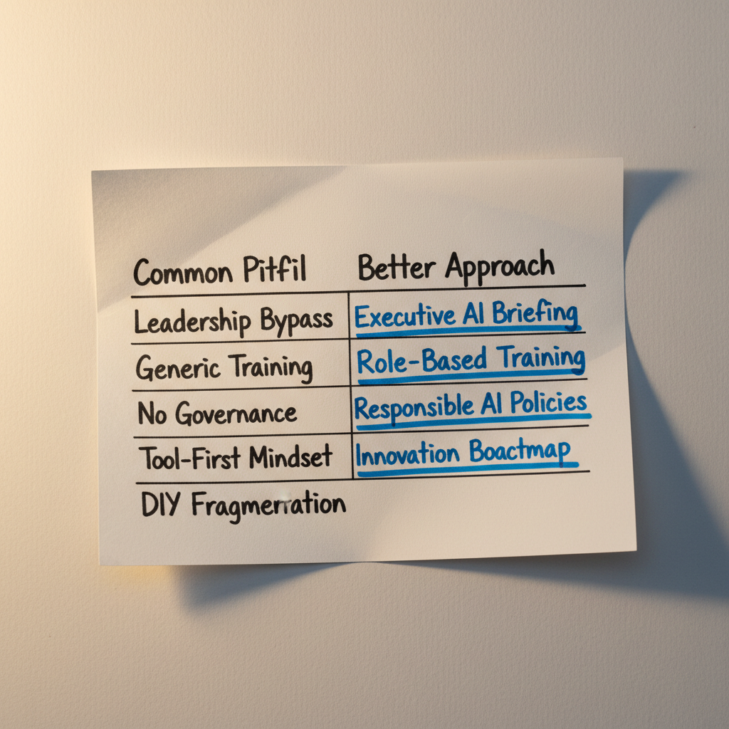Hand-drawn comparison cheat sheet contrasting common AI adoption pitfalls with better approaches, featuring two columns and highlighter accents.