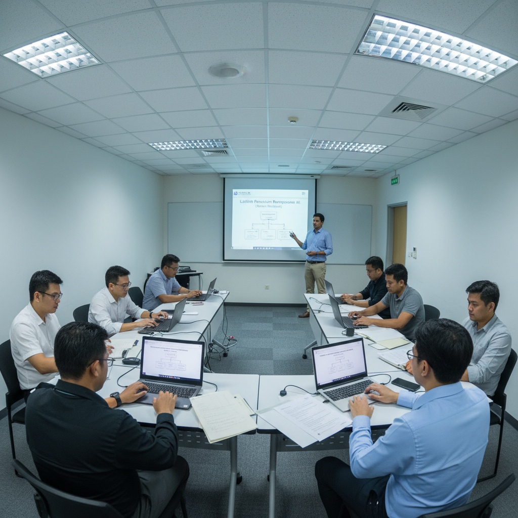 Facilitator guiding a mixed Malaysian team through role-based Bahasa Malaysia AI writing exercises in a training room