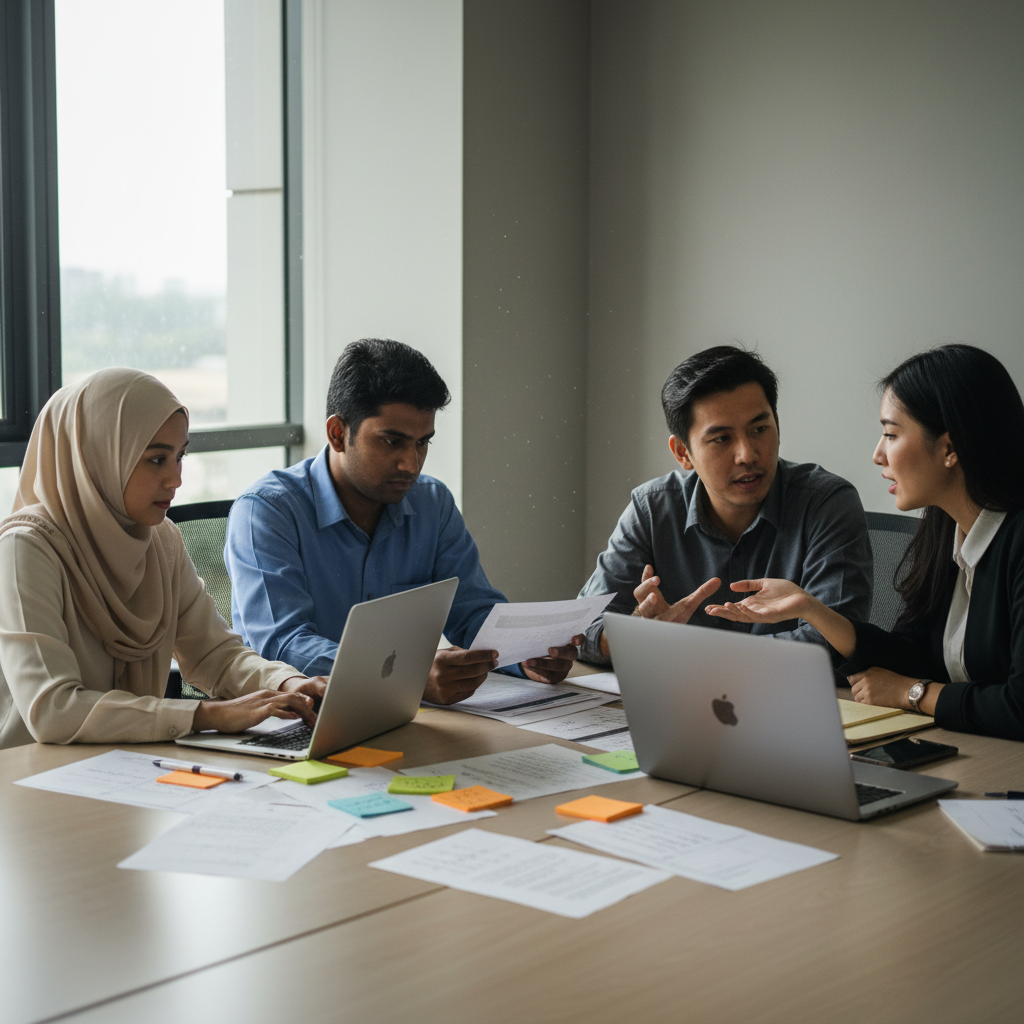 Operations team in Malaysia reviewing Bahasa Malaysia customer reply drafts at an office project table