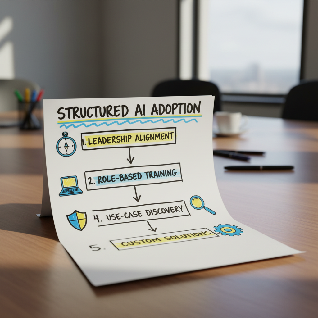 Hand-drawn five-step infographic showing structured AI adoption from leadership alignment through custom solutions.