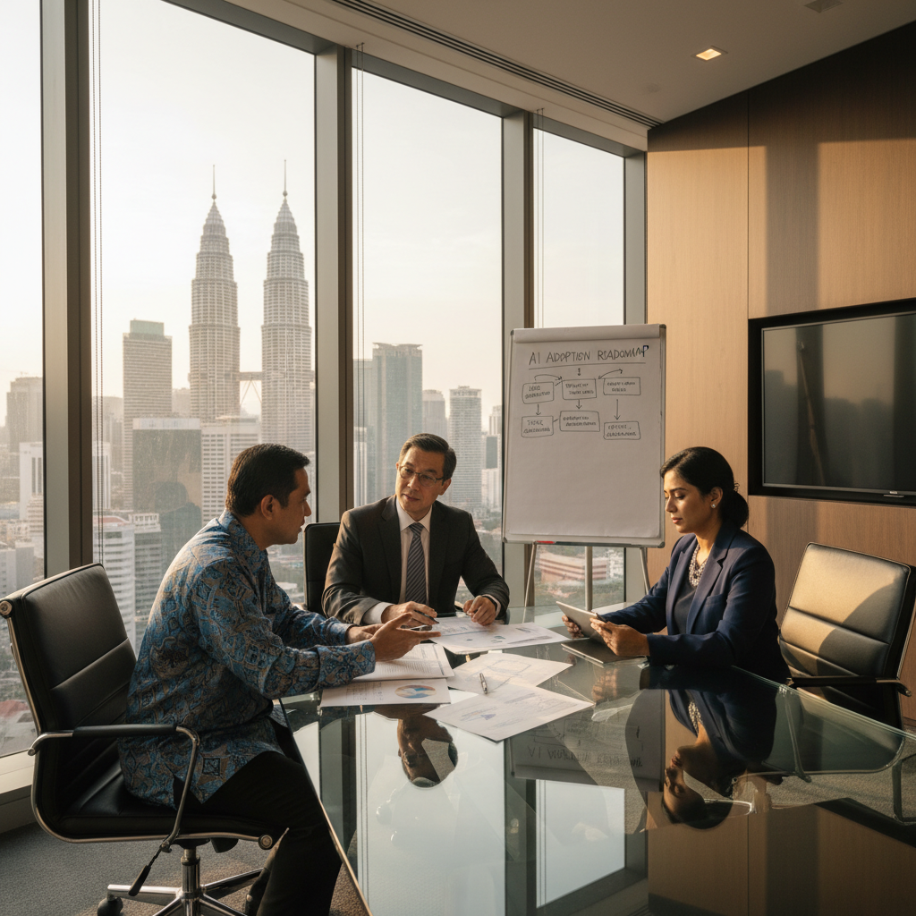 Senior Malaysian professionals in a Kuala Lumpur boardroom reviewing AI strategy papers during an afternoon meeting.