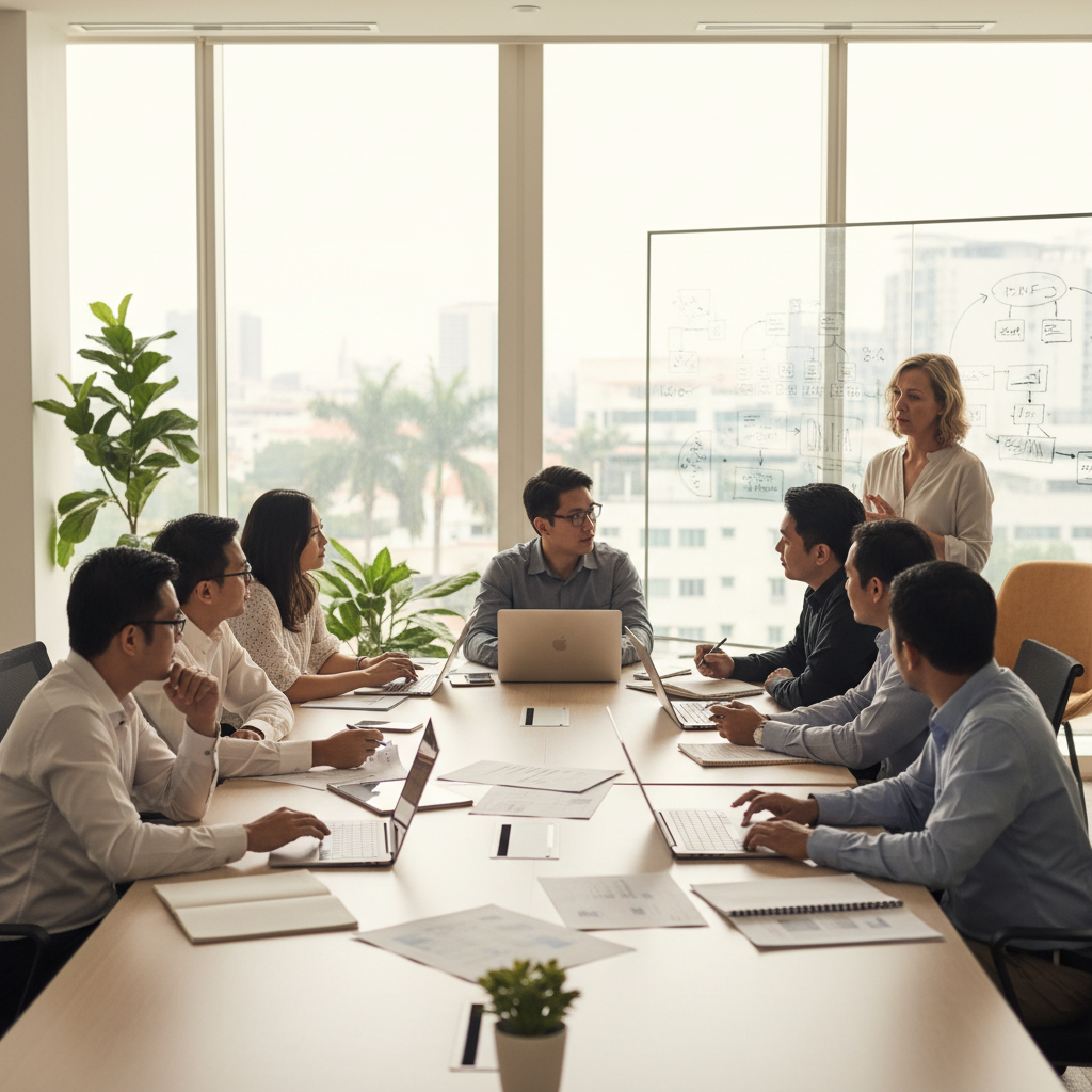 Corporate AI training workshop in Malaysia with professionals, laptops, handouts and a trainer near a whiteboard