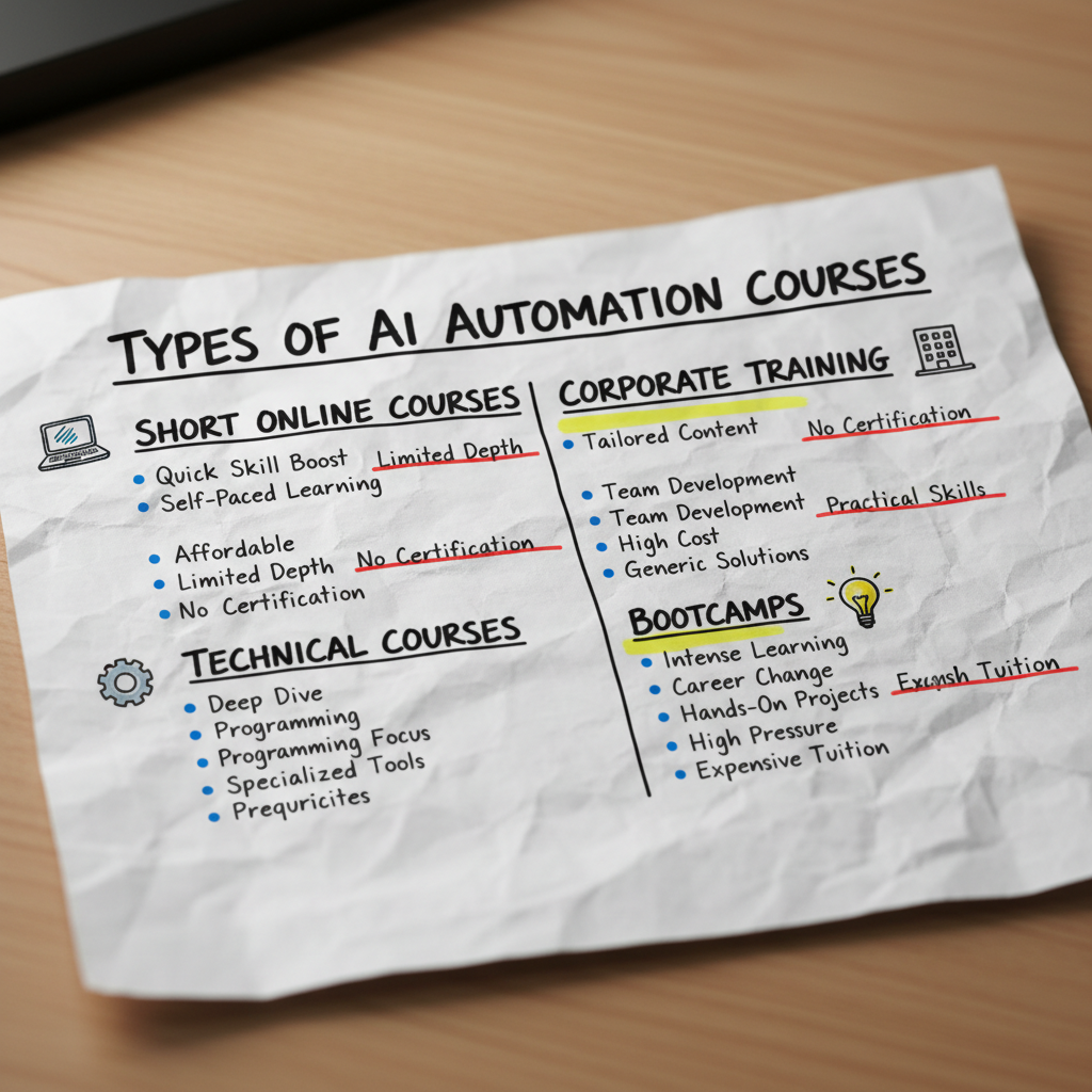Hand-drawn comparison chart of AI automation course types available in Malaysia