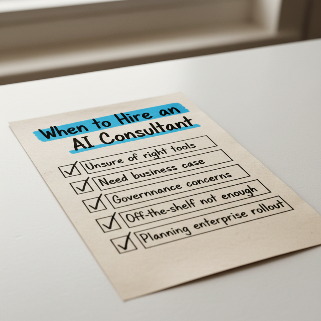 Hand-drawn checklist showing six signs a Malaysian company should hire an AI consultant: stuck experiments, unsure tools, need business case, governance concerns, off-the-shelf limits, enterprise rollout.