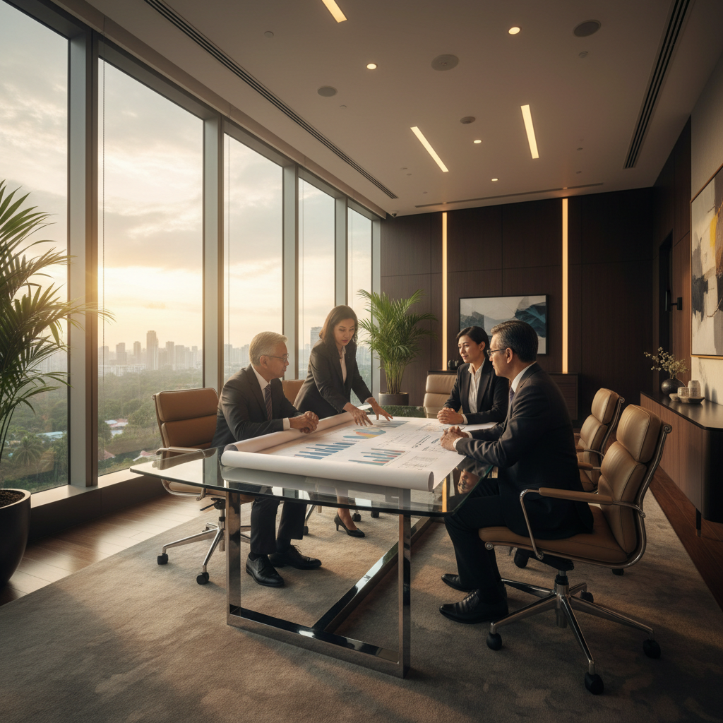 Senior Malaysian executives in a boardroom reviewing a printed AI adoption strategy document during a candid afternoon meeting session.