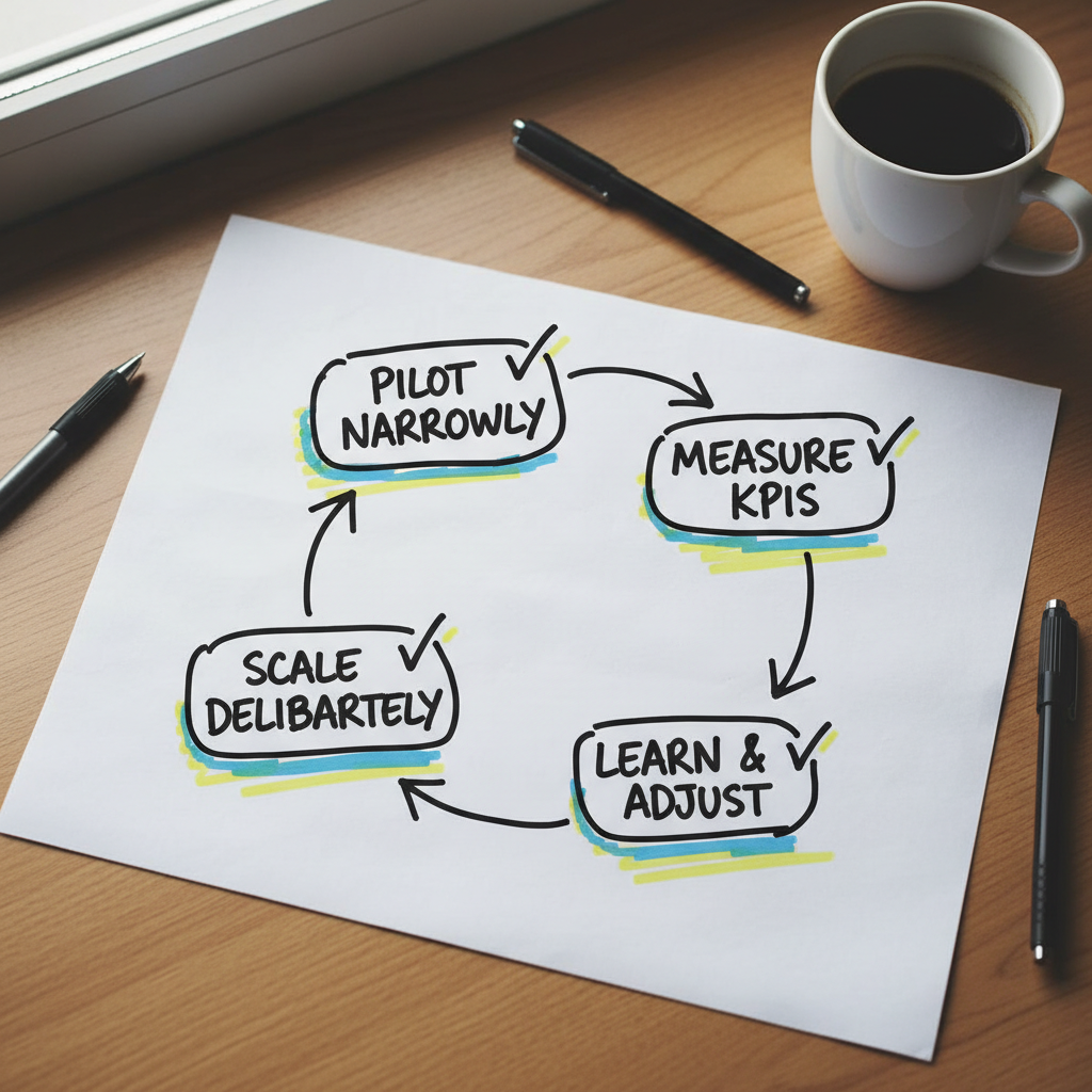 Hand-drawn four-step process flow from pilot to measure, learn and scale AI adoption