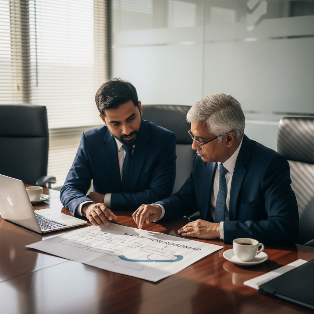 Senior executives reviewing a printed AI adoption roadmap across stages during an advisory meeting