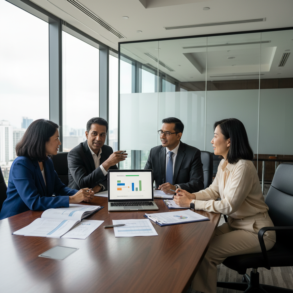 Professional services team reviewing a productised AI engagement scope and pricing model in a meeting room